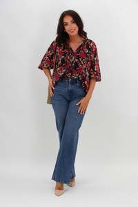 Gloss The Label Tihana Frill Neck Blouse Black and Cranberry Floral