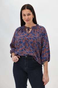 Gloss The Label Tihana Frill Neck Blouse Chocolate Floral