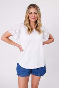 Sale Tees: Shine On Label Alicent Broderie Flutter Tee White