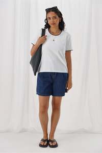 Shine On Label Romina Blanket Stitch Tee White w Navy Stitch