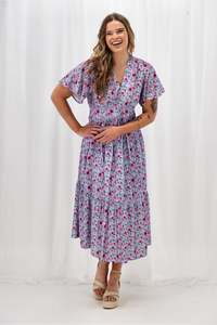 Sale Dresses: Gloss The Label Khyla Ladder Lace Dress Blue Watercolour Print