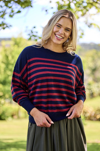 Alpine by Shine On Georgia Striped Merino Batwing Top Navy & Berry