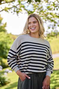 Alpine by Shine On Georgia Striped Merino Batwing Top Oatmeal w Black