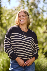 Alpine by Shine On Georgia Striped Merino Batwing Top Black & Oatmeal