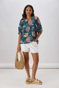 Sunday Boho Asia Puff Sleeve Top Teal Floral