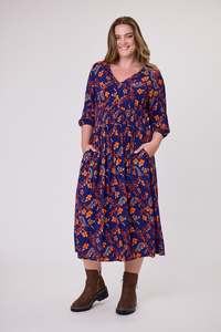 Shine On Label Fayrah Shirred Waist Dress Navy Paisley