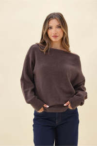 Ayva Marrelle Off The Shoulder Cosy Knit Jumper Chocolate