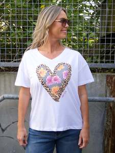 Rebel Club Wild at Heart Floral Stripe V Relaxed Tee White