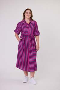 Sunday Boho Melanie Midi Dress Fuchsia Navy Stripe