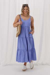 Shine On Label Shakayla Tiered Frill Dress Blue Check