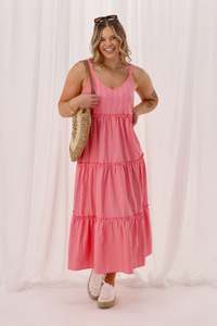 Shine On Label Shakayla Tiered Frill Dress Coral Check