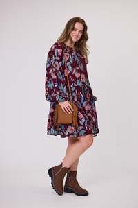 Sunday Boho Raglan Tie Dress Frill Detail Burgundy