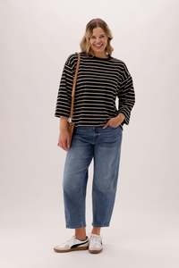 Shine On Essentials 3/4 Relaxed Tee Black and Natural Stripe