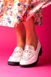 Hey Monday Shoes Sale: Hey Monday Annie Loafer Snakeskin White/Silver