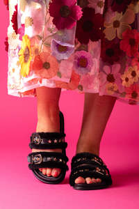 Hey Monday Shoes Sale: Hey Monday Bronson Slide Black/Gold