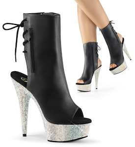 Pole Dance Ankle Boots: BEJEWELED-1018DM-6 Black Faux Leather/Silver Multi Rhinestones