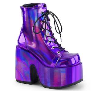 Festival Rave Footwear: CAMEL-203 Purple Hologram Ankle Boots