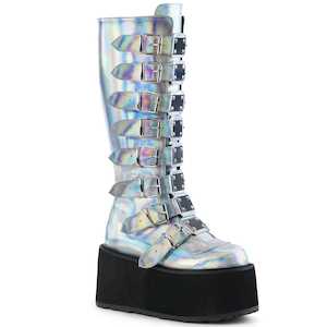 Festival Rave Footwear: DAMNED-318 Silver Hologram Knee Boots