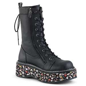 Festival Rave Footwear: EMILY-350 Black Vegan Leather-Floral Fabric
