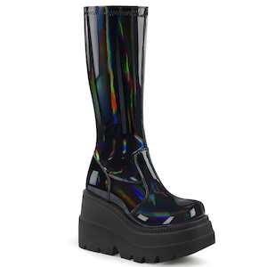 Alternative Knee High Boots: SHAKER-65 Stretch Black Patent Hologram