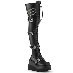Alternative Thigh High Boots: SHAKER-420 Black Stretch Vegan Leather