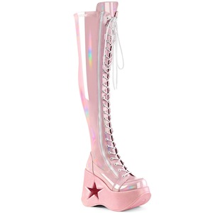 Alternative Thigh High Boots: DYNAMITE-300 Baby Pink Stretch Hologram