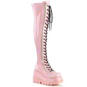 Alternative Thigh High Boots: SHAKER-374 Baby Pink Hologram Stretch Patent