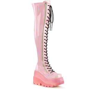 Alternative Thigh High Boots: SHAKER-374-1 Baby Pink Hologram Stretch Patent