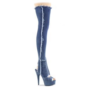 Pole Dance Thigh High Boots: DELIGHT-3030 Denim Blue Stretch Fabric