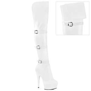 Pole Dance Thigh High Boots: DELIGHT-3018 White Stretch Faux Leather/White Matte