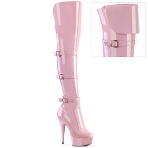Pole Dance Thigh High Boots: DELIGHT-3018 Baby Pink Stretch Patent/Baby Pink
