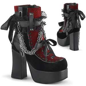 Alternative Ankle Boots: CHARADE-110 Black Vegan Leather -Red-Black Velvet-Fishnet Overlay