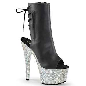 Pole Dance Ankle Boots: BEJEWELED-1018DM-7 Black Faux Leather/Silver Multi Rhinestones