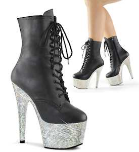 Pole Dance Ankle Boots: BEJEWELED-1020-7 Black Faux Leather/Silver Multi Rhinestones