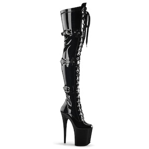 Pole Dance Thigh High Boots: FLAMINGO-3028 Black Stretch Patent/Black