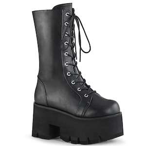Alternative Mid Calf Boots: ASHES-105 Black Vegan Leather