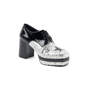 Gansters Retro Costume Shoes: GLAMROCK-02 Black Patent -Silver Glitter