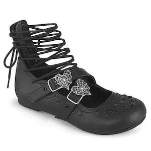 Retro Inspired Ballet Flats Lace Up Shoes: DAISY-11 Black Vegan Leather Flats