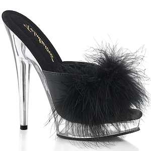 Retro Inspired Sandals Slippers: SULTRY-601F Black Pu-Marabou Fur/Clear