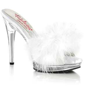 Retro Inspired Sandals Slippers: GLORY-501F-8 White Faux Leather-Fur/Clear