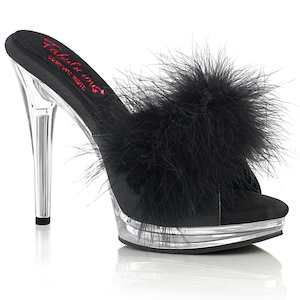 Retro Inspired Sandals Slippers: GLORY-501F-8 Black Faux Leather-Fur/Clear