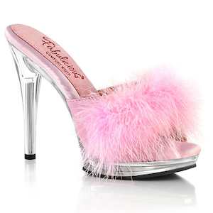 Retro Inspired Sandals Slippers: GLORY-501F-8 Baby Pink Faux Leather-Fur/Clear