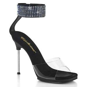 Single Sole Heels: CHIC-42 Clear-Black Faux Leather-AB Rhinestones/Black
