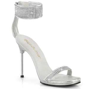 Single Sole Heels: CHIC-40 Silver Shimmery Fabric-Rhinestones/Silver