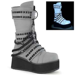 Alternative Mid Calf Boots: TRASHVILLE-138 Grey Multi Reflective Vegan Leather
