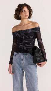 99 Under Sale: Staple The Label Aura Mesh Off Shoulder Top - Abstract