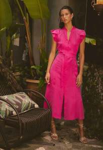 Once Was: OnceWas Athena Cupro Viscose Flutter Sleeve Dress - Celosia Pink