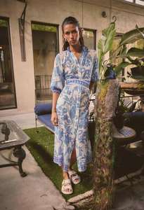 OnceWas Carmen Silk Cotton Maxi Dress - Azure Mosaic