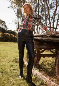 OnceWas Sylvan Leather Curved Panel Jogger in Black.