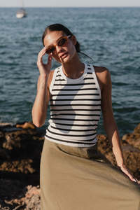 RE:UNION Label Cobble Stripe Rob Cutaway Tank - Black & White